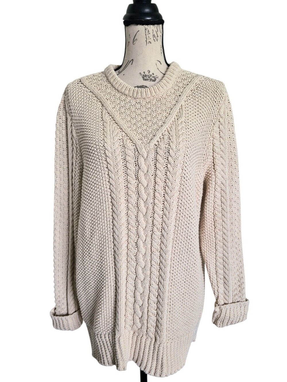 L.L. Bean Signature Fisherman Cotton Aran Cable Knit Tunic Sweater XL Cream